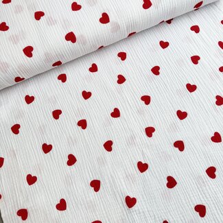 De Stoffenkamer Double gauze tetra - ecru red hearts large