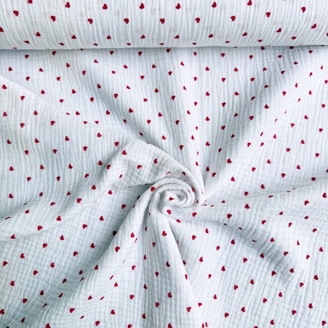 De Stoffenkamer Double gauze tetra - ecru red hearts mini