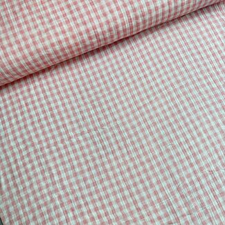 De Stoffenkamer Double gauze tetra - ecru vichy checks pink