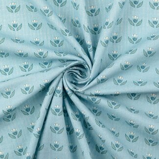 De Stoffenkamer Double Gauze voile cotton - aqua blue flowers