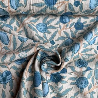 De Stoffenkamer Double Gauze voile cotton - aqua blue flowers