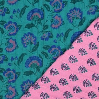 De Stoffenkamer Stepped Cotton Double Gauze - flowers petrol