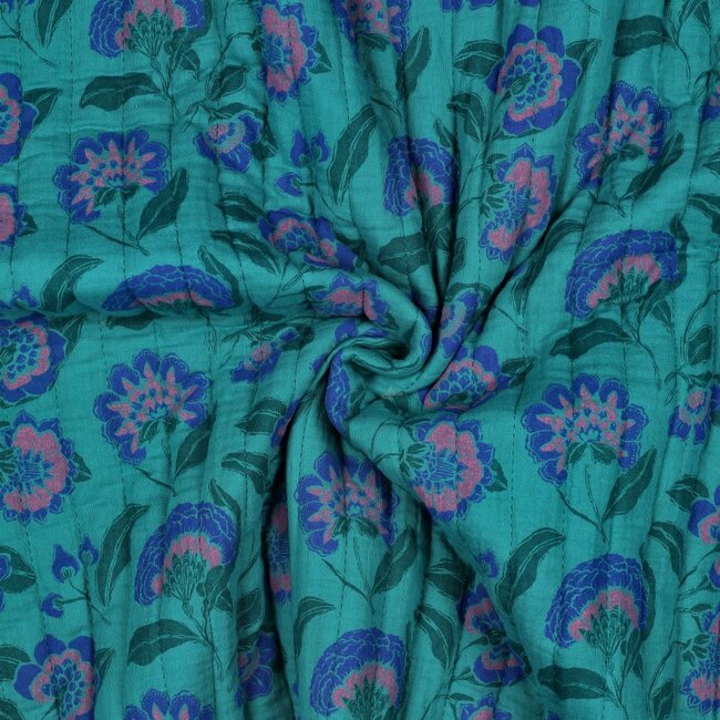 De Stoffenkamer Stepped Cotton Double Gauze - flowers petrol