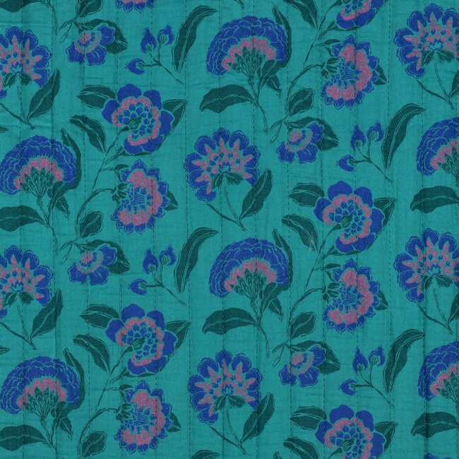 De Stoffenkamer Stepped Cotton Double Gauze - flowers petrol