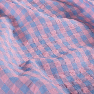 Seersucker Cotton mix - checks vichy denim blue/pink