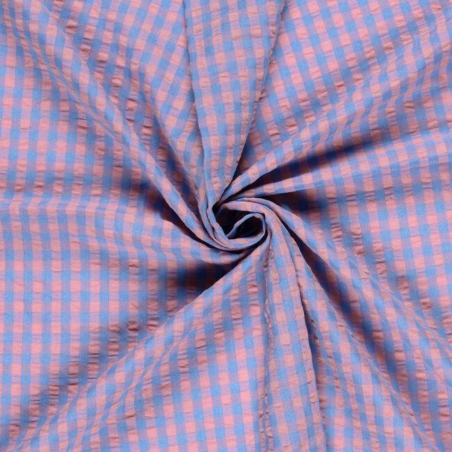 Seersucker Cotton mix - checks vichy denim blue/pink