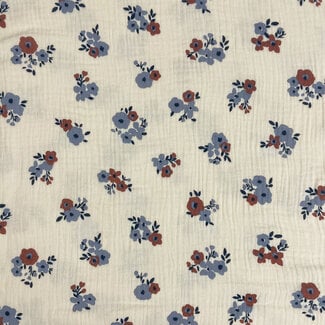 De Stoffenkamer Double Gauze Tetra flowers terra/steelblue
