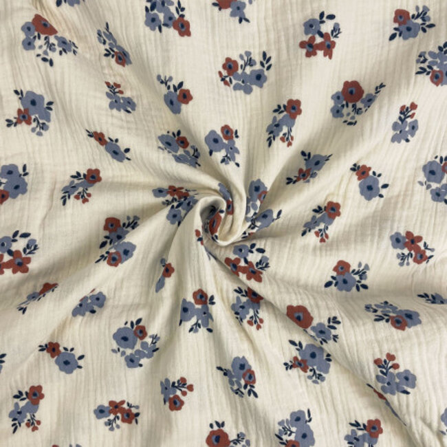 De Stoffenkamer Double Gauze Tetra flowers terra/steelblue