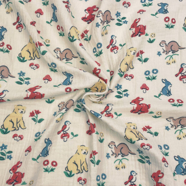 De Stoffenkamer Double Gauze Tetra Forest Animals ecru