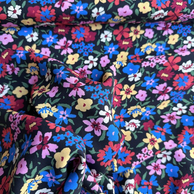 Viscose blouse - flowers bright aqua on black
