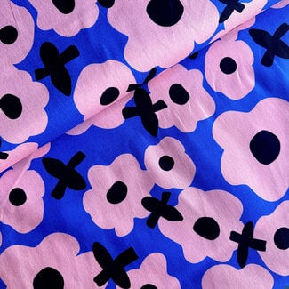 De Stoffenkamer Cotton Canvas Denim flower blue pink