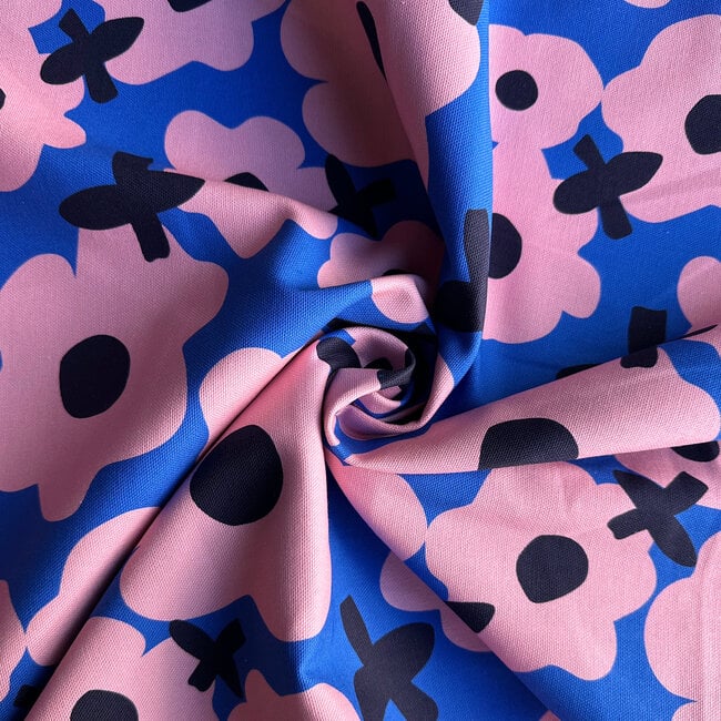 De Stoffenkamer Cotton Canvas Denim flower blue pink