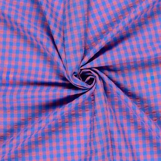 Seersucker Cotton mix - checks bright blue / mid pink