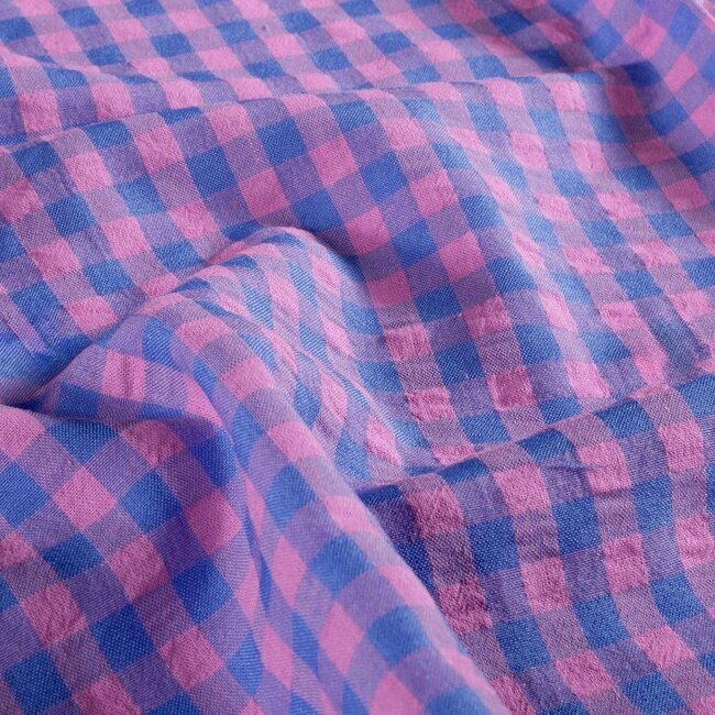 Seersucker Cotton mix - checks bright blue / mid pink