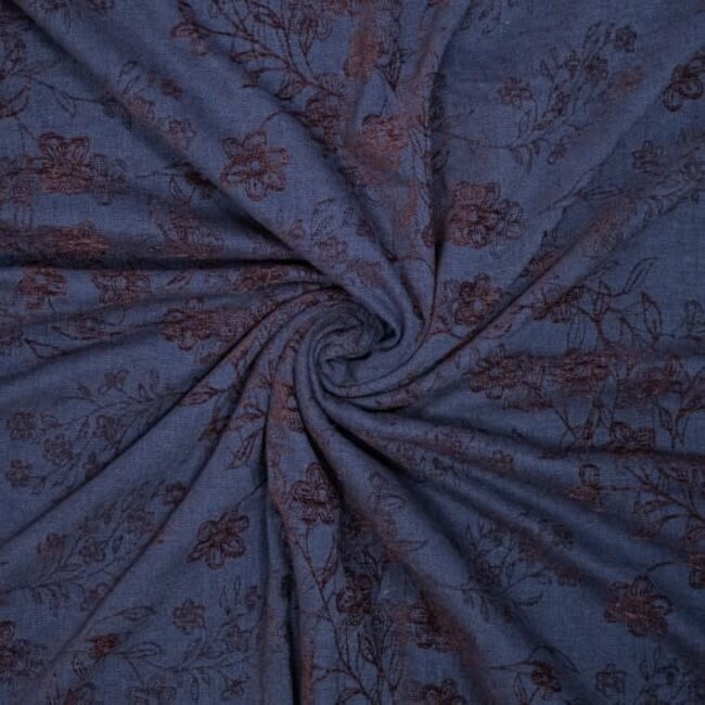 De Stoffenkamer Geweven bloemen jacquard chenille- denim/bordeaux