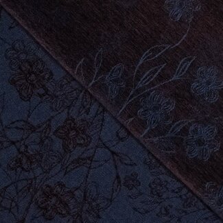 De Stoffenkamer Geweven bloemen jacquard chenille- denim/bordeaux