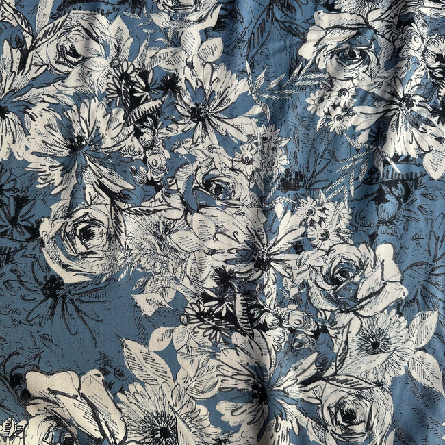 Viscose twill sketch flowers - grey blue