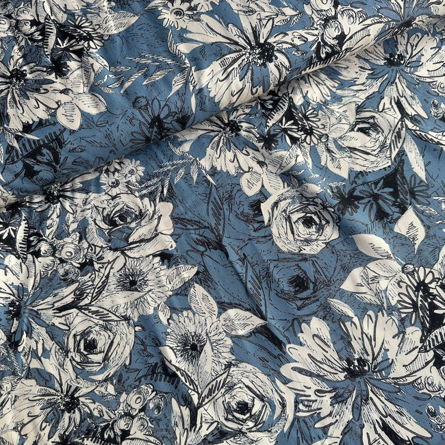Viscose twill sketch flowers - grey blue