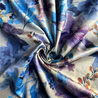 De Stoffenkamer Velour watercolor flower - grey blue