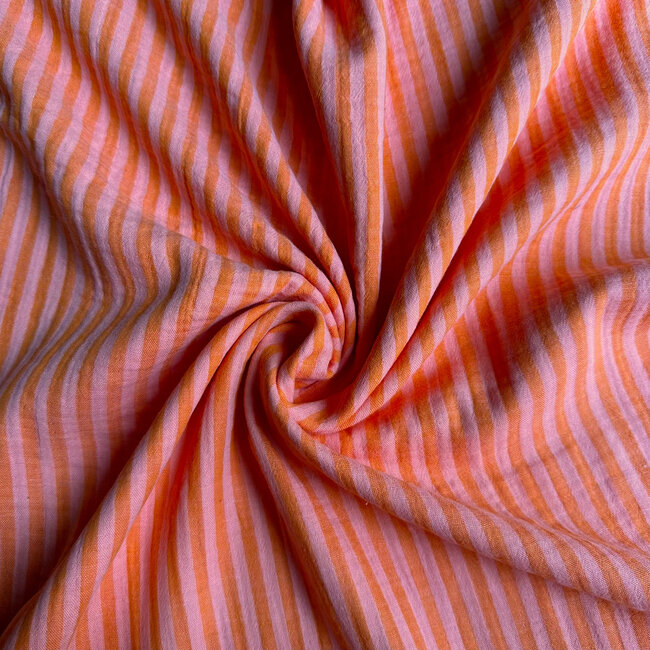 De Stoffenkamer Double Gauze cotton Tetra - double stripes peche/tangerine