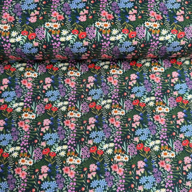 De Stoffenkamer Stevige katoen Canvas - flowerfield groen/roze