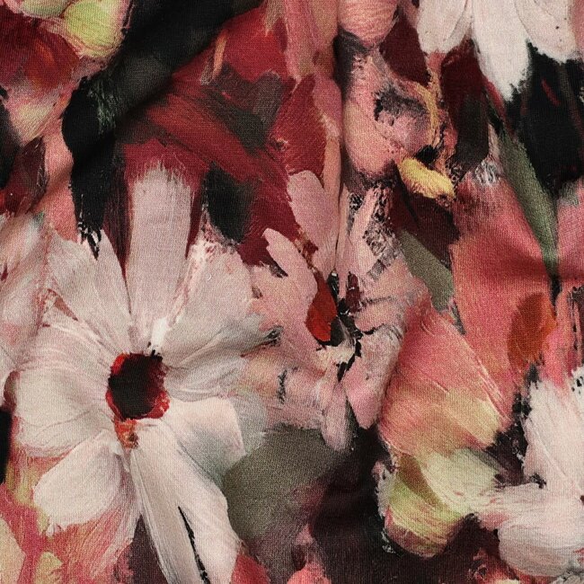 French Terry painted flowers - burgundy/pink