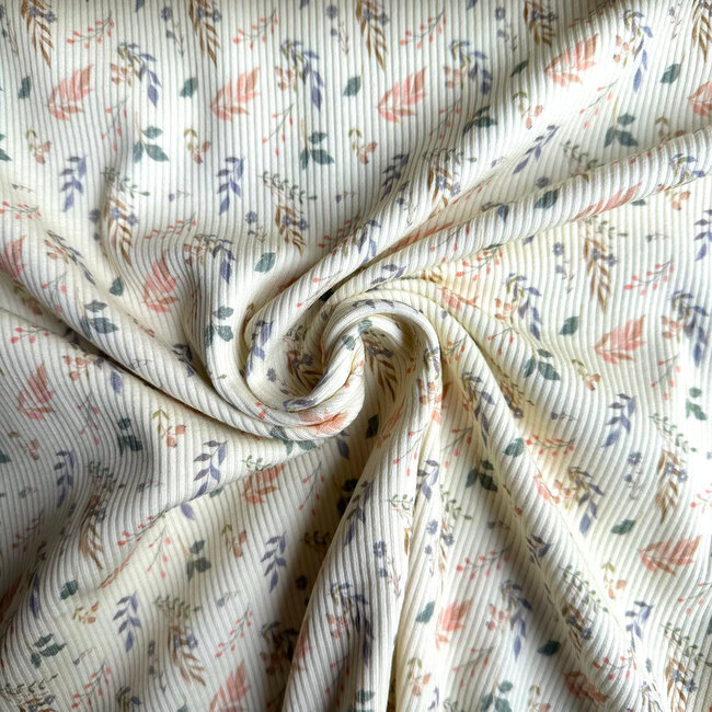 Ribbed tricot - leafs light yellow