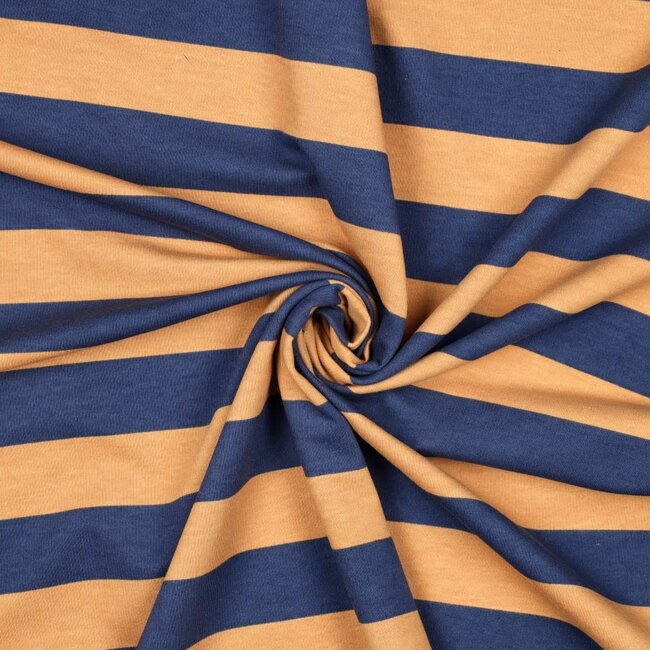De Stoffenkamer Soft Sweater wide horizontal stripes - denim/camel