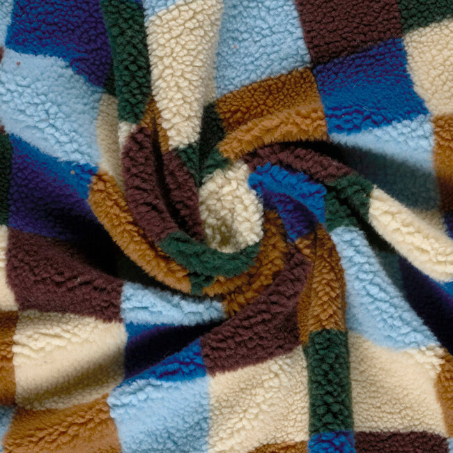 De Stoffenkamer Sherpa teddy Fleece print - checks blue