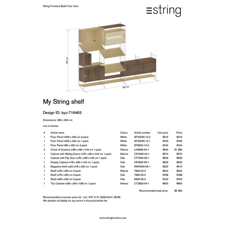 String Furniture String System white panels oak & walnut showroom item