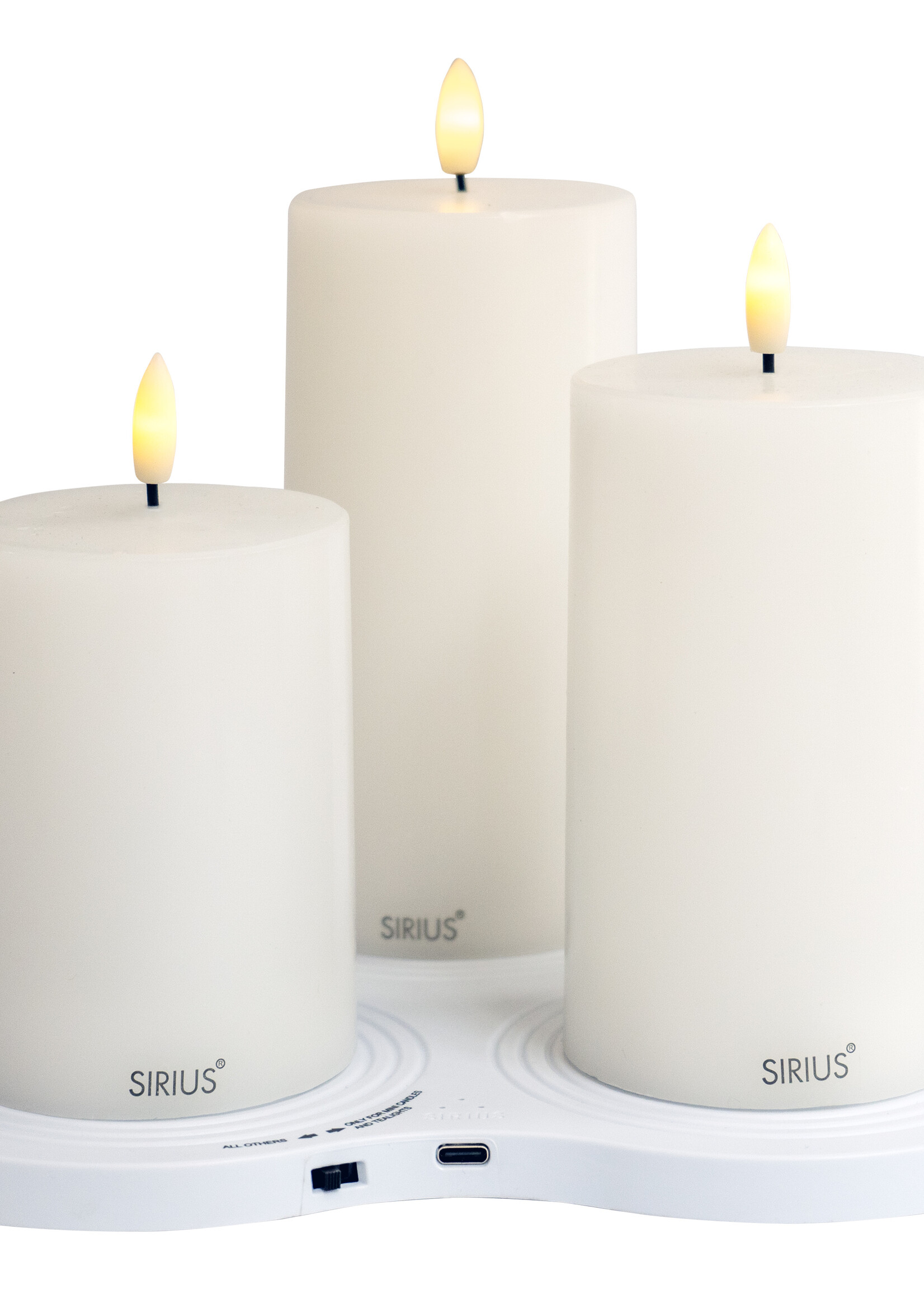 Sirius Sille Genopladelig Sæt 3 stk. Ø7,5cm, Hvid, m/ Multicharger