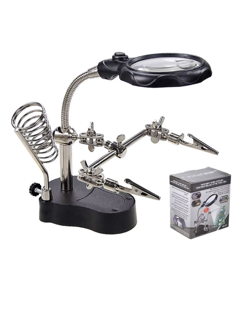 Helpendehand (helping hand) soldeer gereedschap met 2 klemmen, vergrootglas, lamp en soldeer houder
