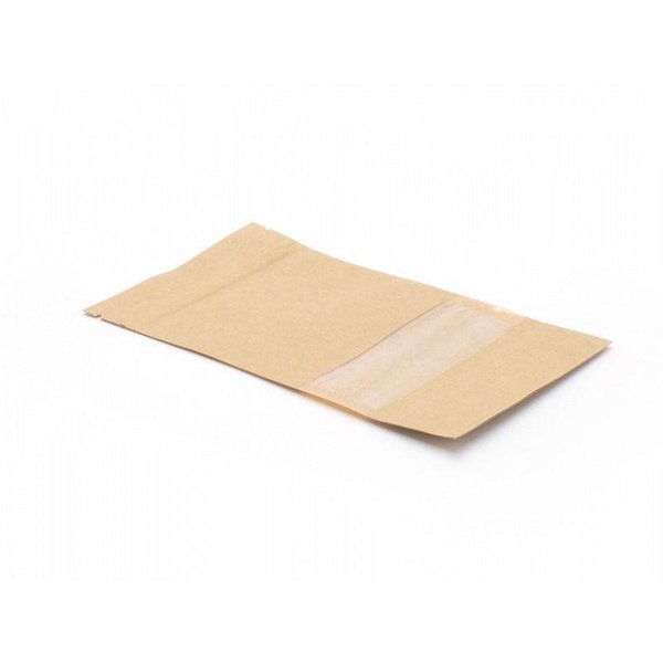 Stand-up pouch Kraft, with window, grip-closure and tear-off edge.
