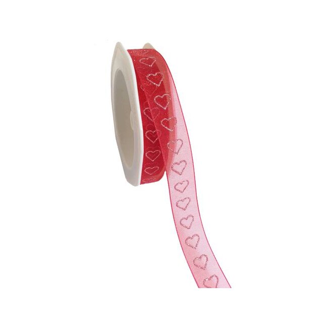 Organza ribbon with glitter hearts, red