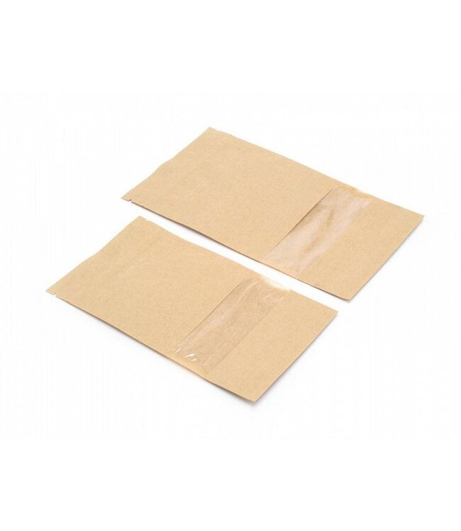 Stand-up pouch Kraft, with window, grip-closure and tear-off edge.