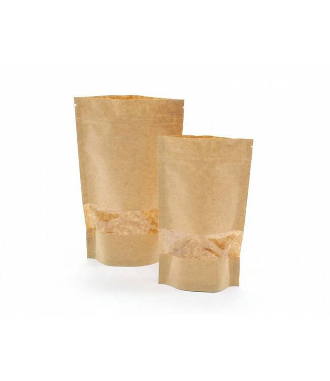 Stand-up pouch Kraft, with window, grip-closure and tear-off edge.