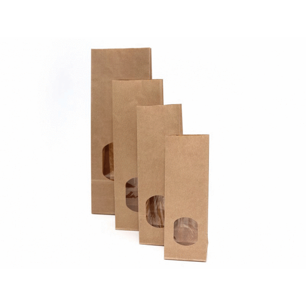 Block bottom bag, 130+70x360 mm, brown kraft with window, sealable