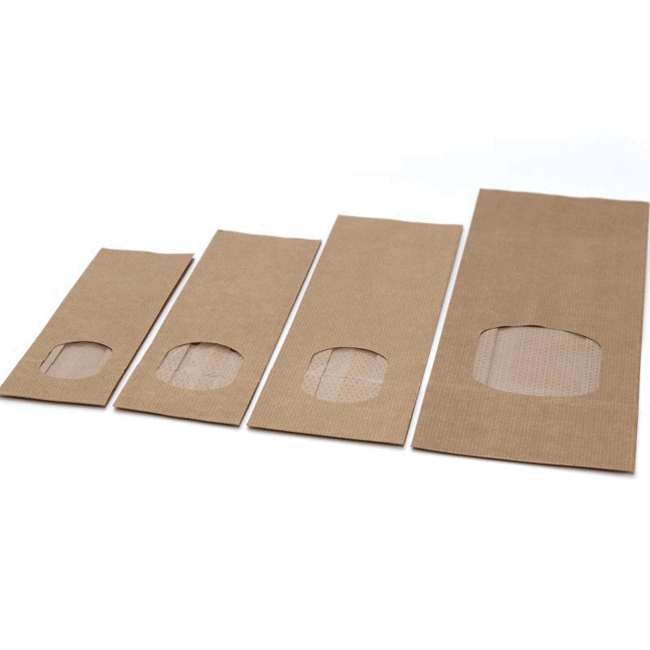 Blokbodemzakken, 70+40x205 mm, bruin kraft met venster, sealbaar