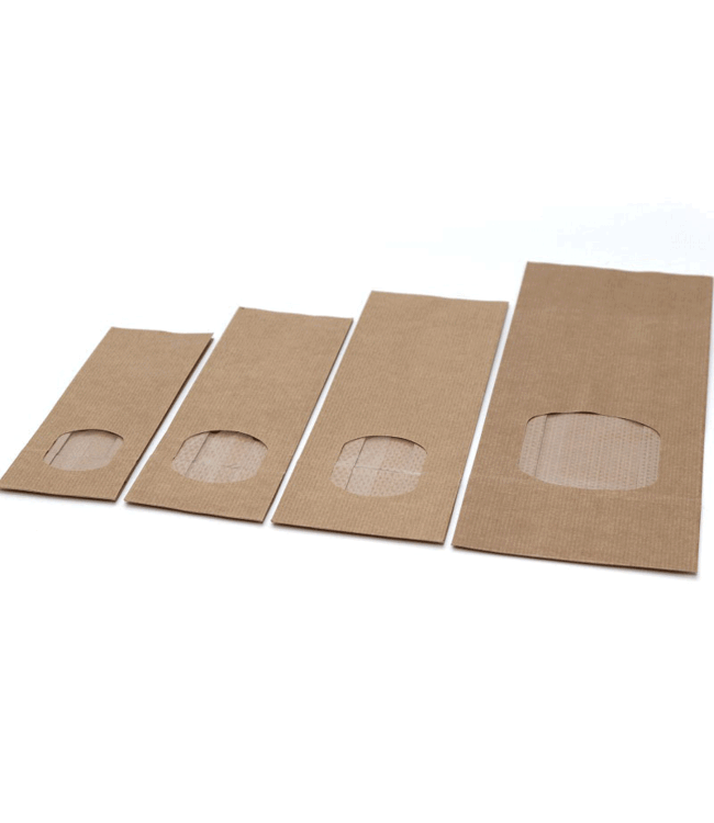 Block bottom bag, 70+40x205 mm, brown kraft with window, sealable