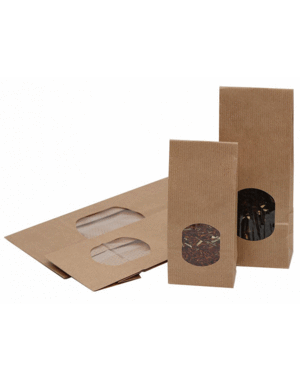  Block bottom bag, 70+40x205mm, brown kraft with window