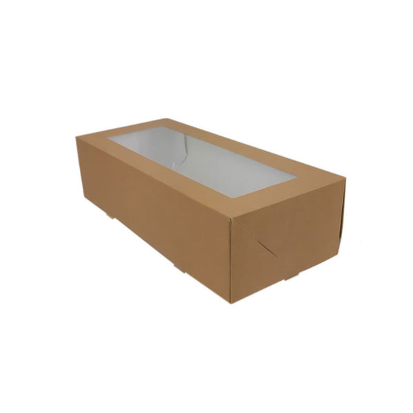 Yule log cake box, brown kraft, 26x12x7 cm, with window