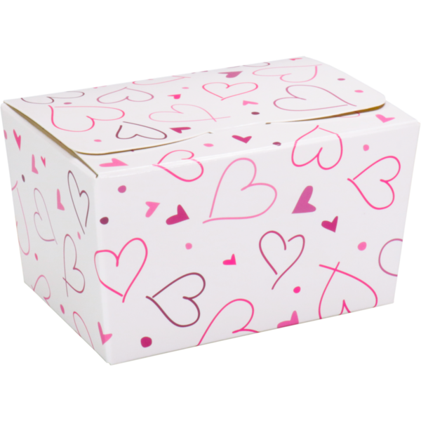 Ballotin Hearts wit 150gr 89x60x55mm – karton met PP – binnenzijde goud – insteeksluiting – 50 stuks