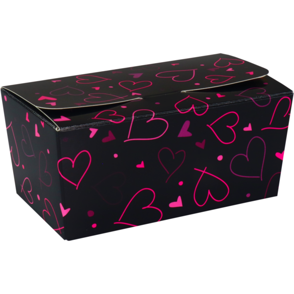 Ballotin Hearts black 250g 113x62x55mm – cardboard with PP – gold interior – tuck-in closure – 50 pcs