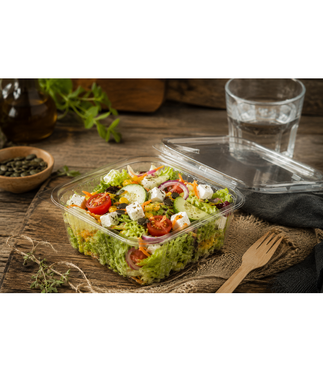 Transparent RPET Salad Container 375 ml with Attached Lid – 150 pcs (incl. fees)