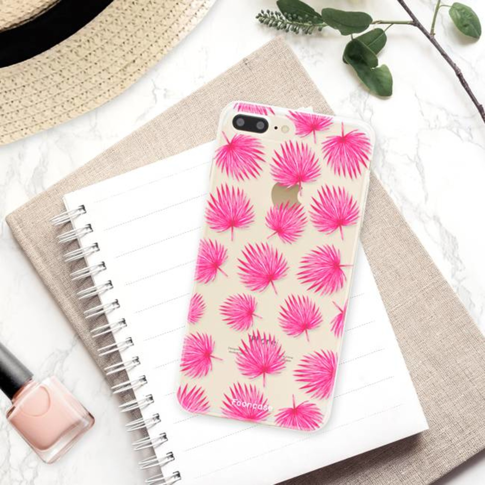 FOONCASE Fooncase Hoesje Geschikt voor iPhone 7 Plus - Shockproof Case - Back Cover / Soft Case - Pink leaves / Roze bladeren