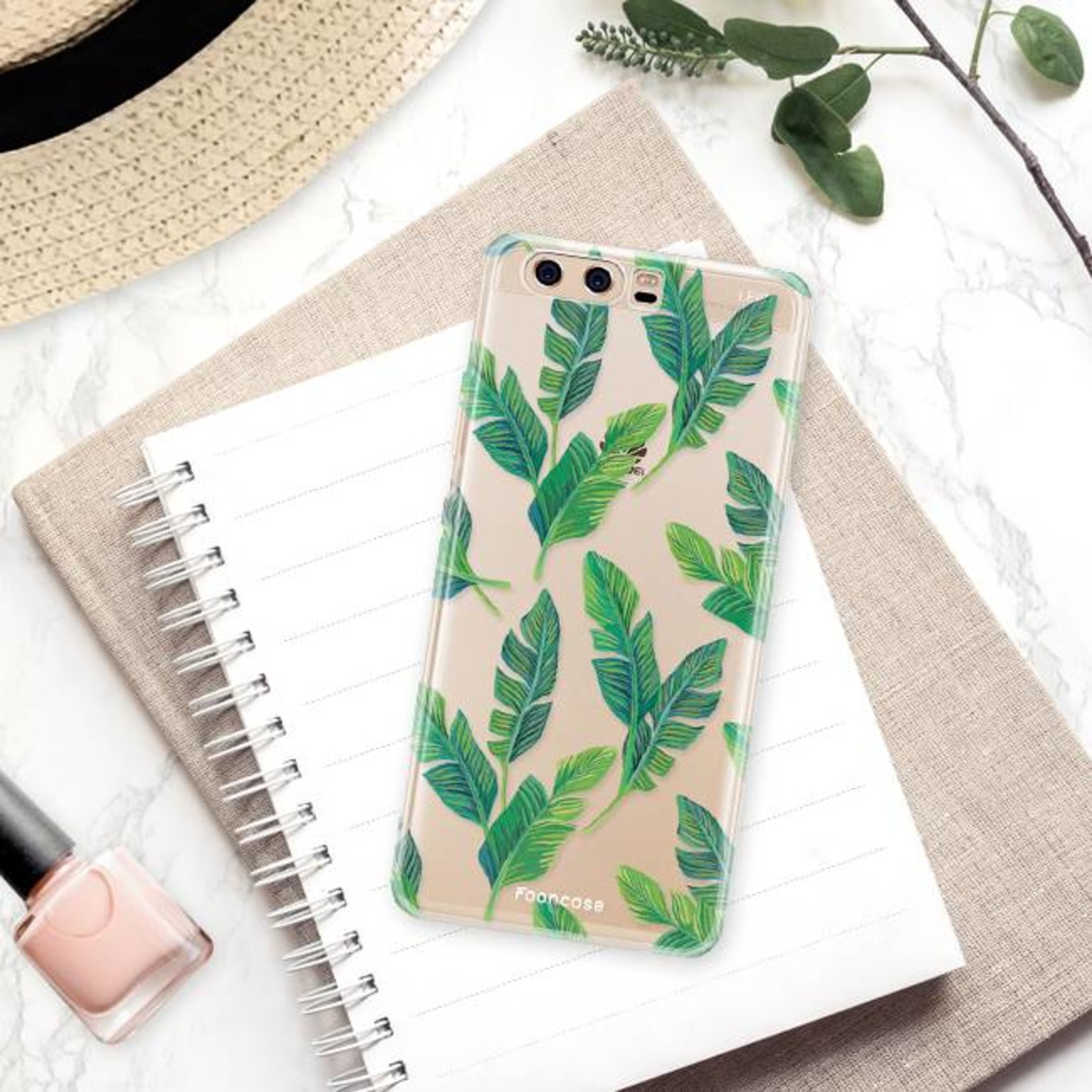 FOONCASE Fooncase Hoesje Geschikt voor Huawei P10 - Shockproof Case - Back Cover / Soft Case - Banana leaves / Bananen bladeren