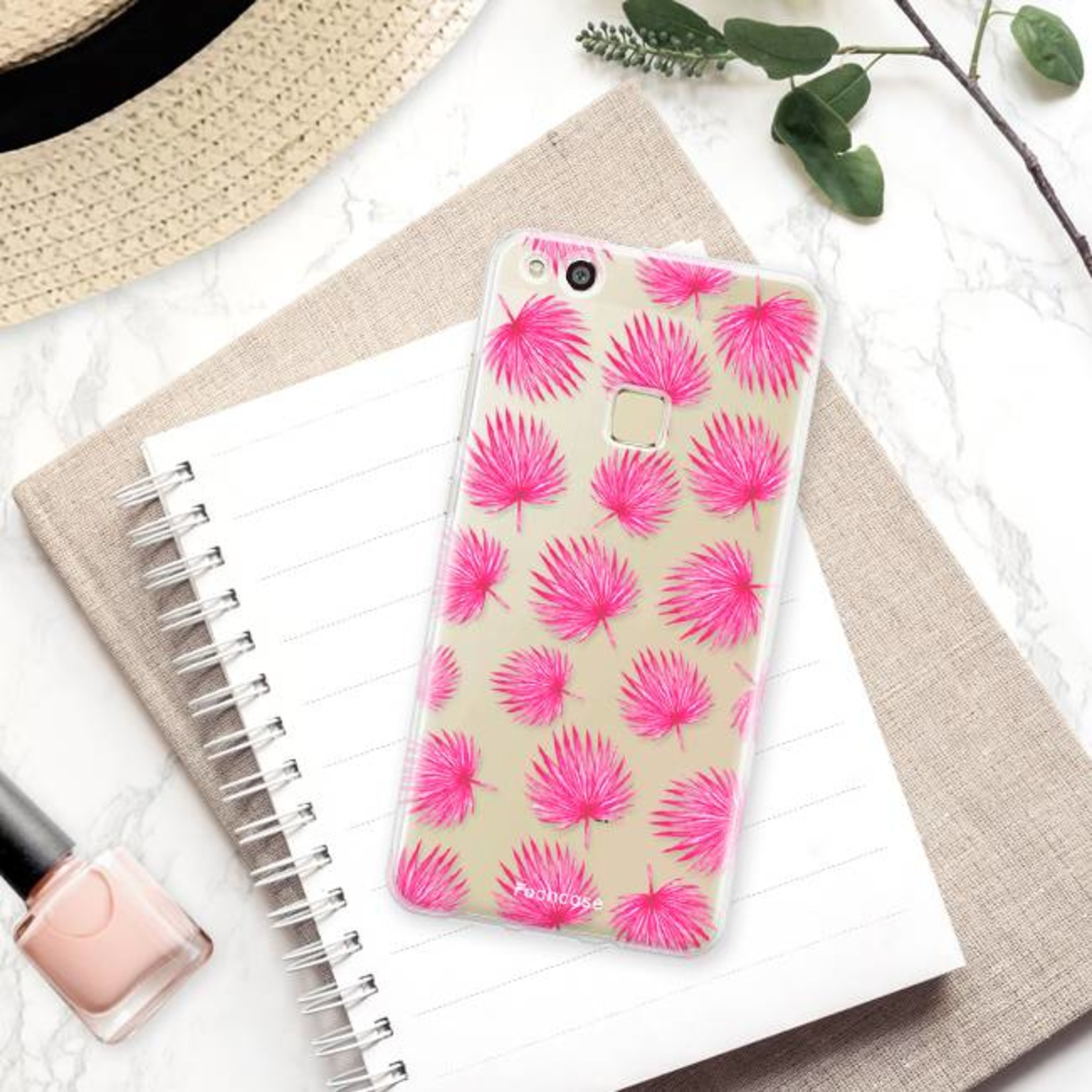 FOONCASE Huawei P10 Lite hoesje TPU Soft Case - Back Cover - Pink leaves / Roze bladeren