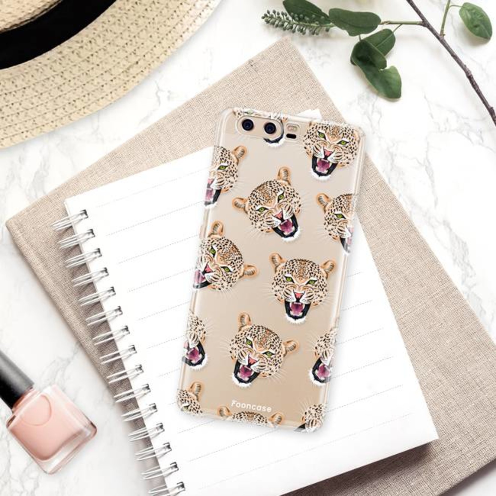 FOONCASE Fooncase Hoesje Geschikt voor Huawei P10 - Shockproof Case - Back Cover / Soft Case - Cheeky Leopard / Luipaard hoofden