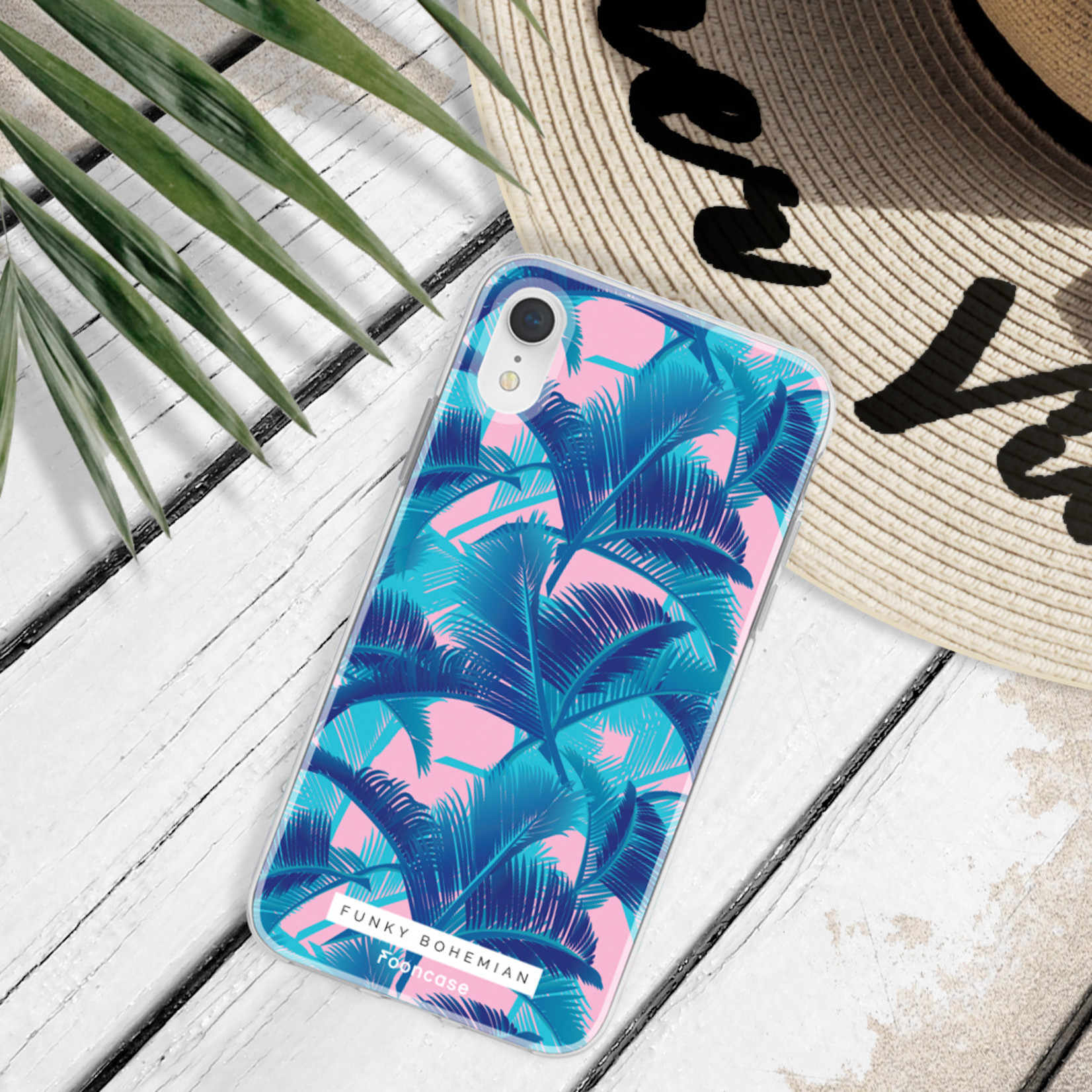 FOONCASE iPhone X hoesje TPU Soft Case - Back Cover - Funky Bohemian / Blauw Roze Bladeren