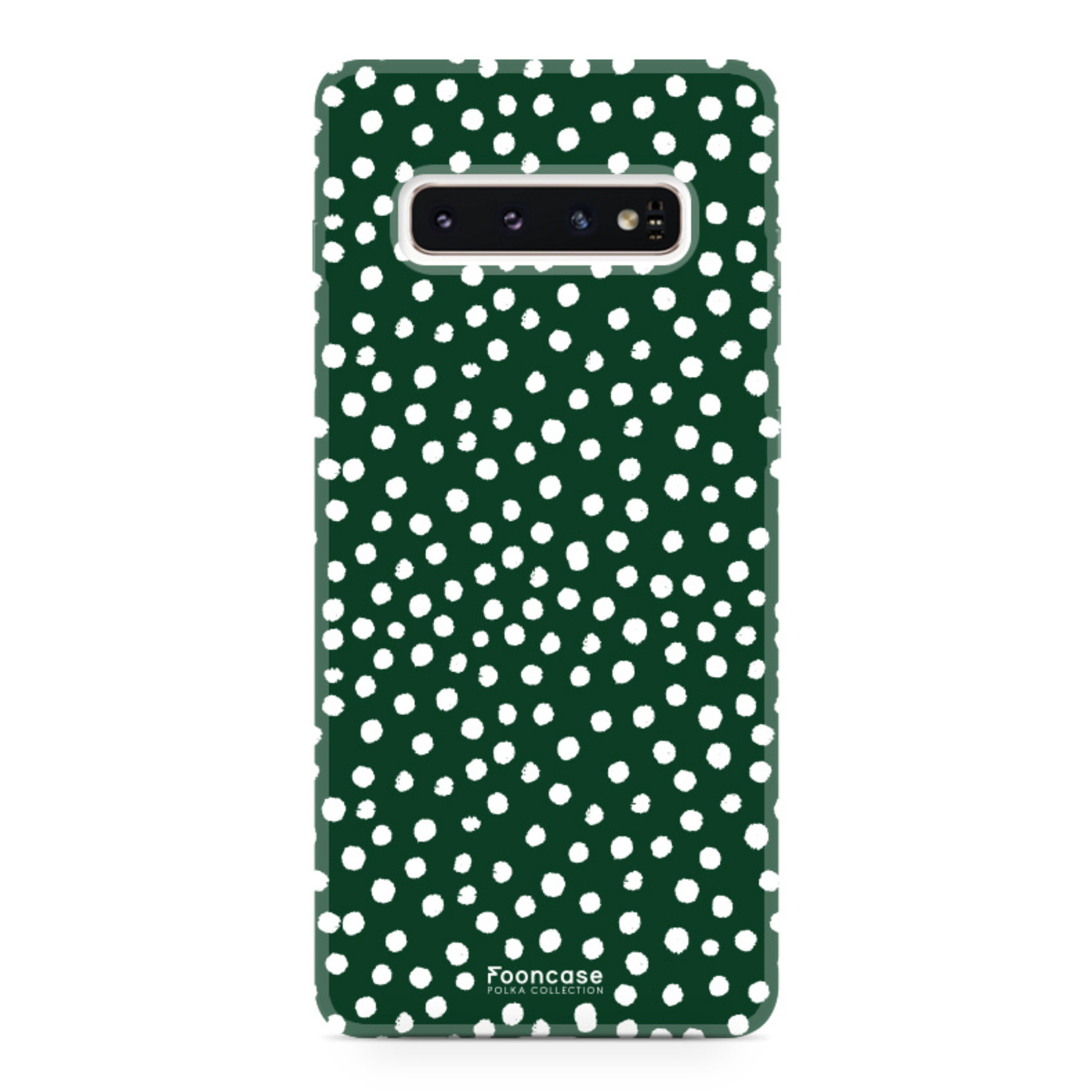 FOONCASE Fooncase Hoesje Geschikt voor Samsung Galaxy S10 Plus - Shockproof Case - Back Cover / Soft Case - POLKA / Stipjes / Stippen / Donker Groen